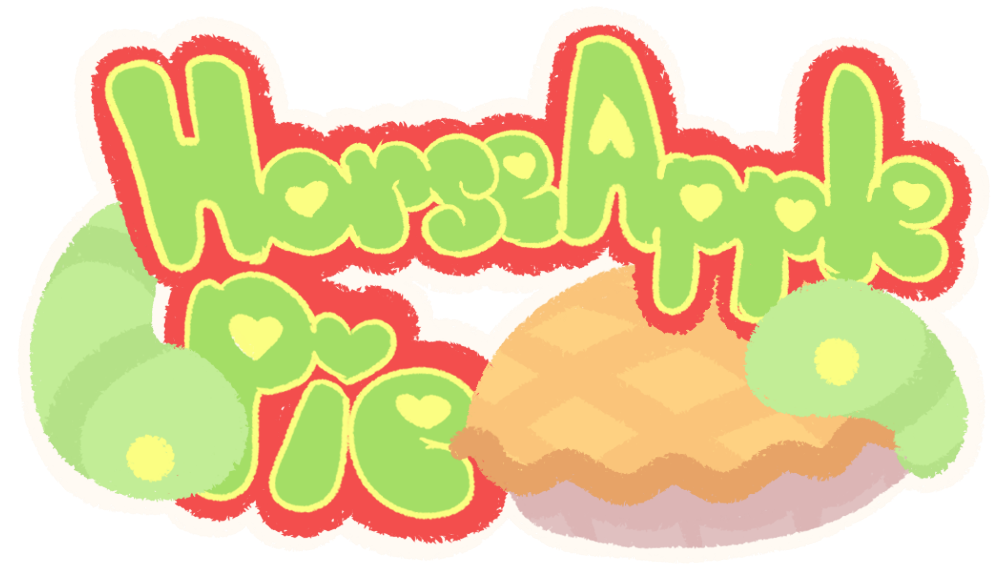 A logo reading "Horse Apple Pie" in bubble letters, around a pie and worms